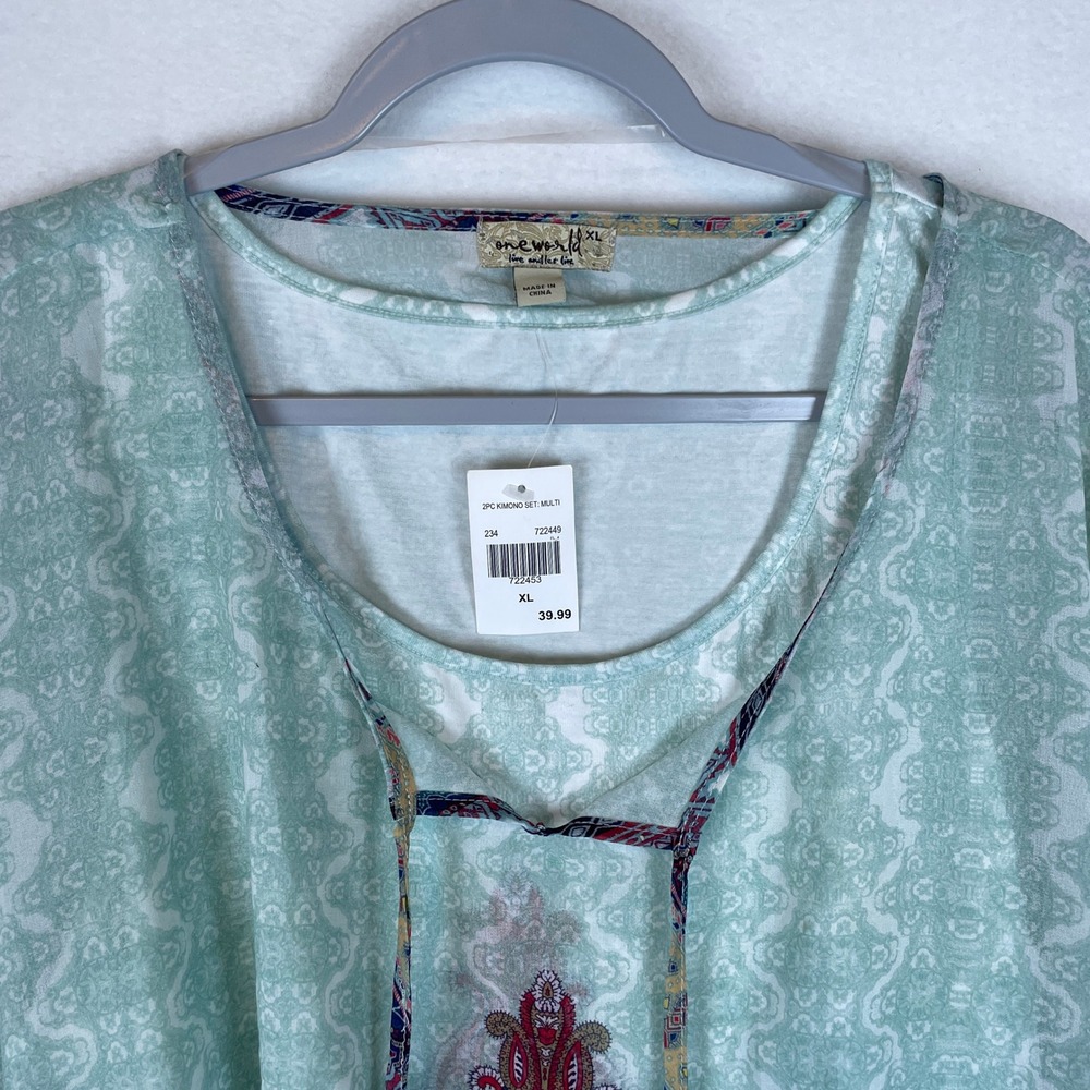 One World XL Turquoise Paisley Kimono Set Top Women's Bohemian Flowy - Picture 7 of 8